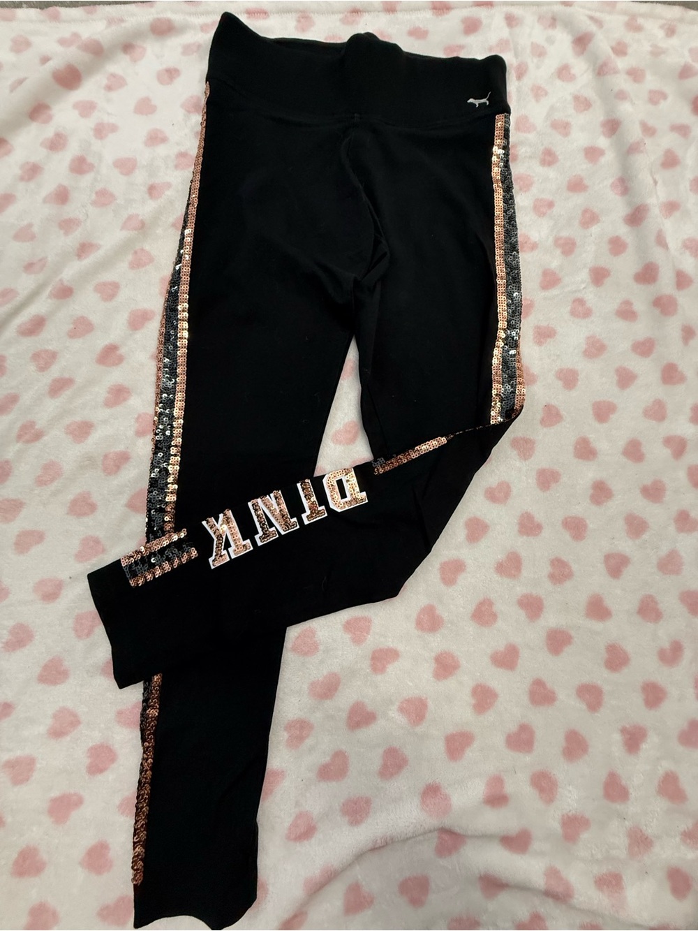 PINK Victoria's Secret Black Leggings with Rose Gold Sequin Side Stripes